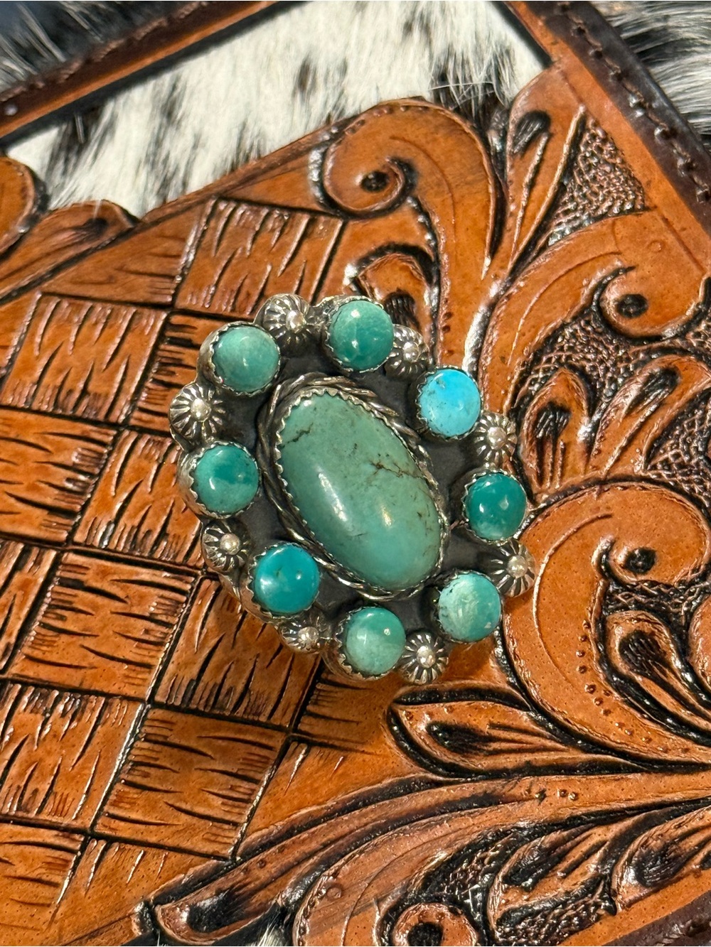 Brand new Navajo handmade Robert Shakey turquoise Cluster Ring adjustable - Picture 5 of 6